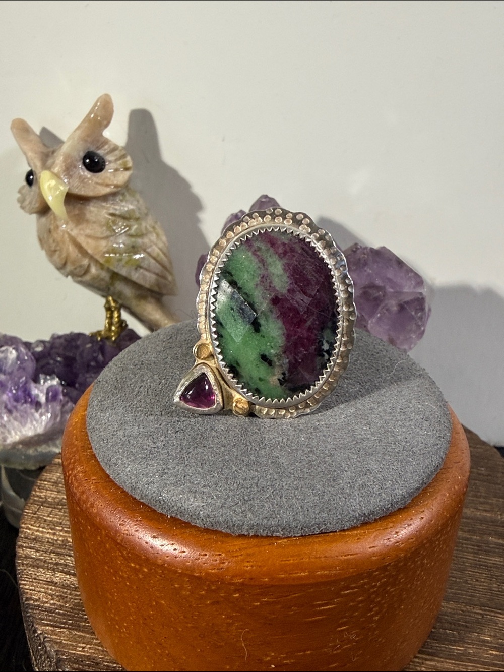 925, Vintage Sterling Hand Made, Hand Signed Ruby Zoisite Ring w Tourmaline